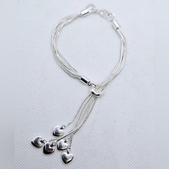 Sterling Silver 925 Multi Strand Bracelet w/ Heart Charms - Picture 5 of 9